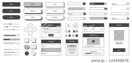 Simple ui button icons. Modern minimal web interface black and white UI button set, input fields, icons, search bar, trendy line application elements. Vector collection 128488976