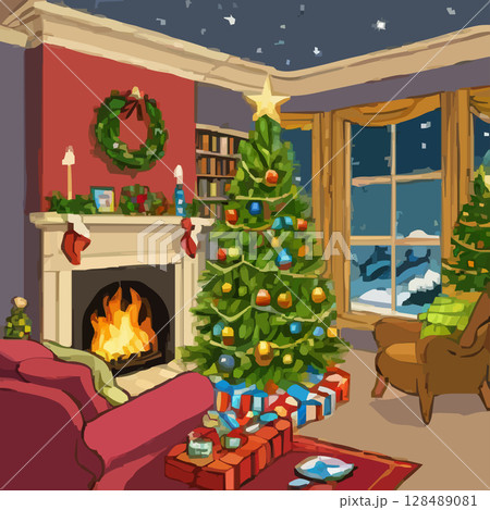 クリスマスのおしゃれな部屋のベクターイラスト 128489081