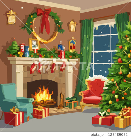 クリスマスの夜とクリスマスツリーのベクターイラスト 128489082