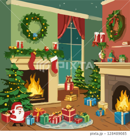 暖炉と薪と木のある部屋のベクターイラスト 128489085