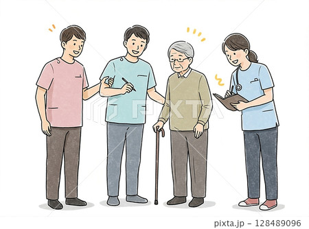 介護施設でカンファレンスをする介護士とシニア男性の笑顔 白バックイラスト 介護施設でカンファレンスをする介護士とシニア男性の笑顔 白バックイラスト 128489096