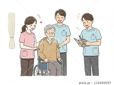 介護スタッフと車椅子の高齢者のチーム 手書き風イラスト 128489097