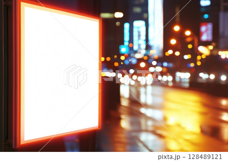 Blank white digital billboard on the blurred night city background. Bus stop with vertical format empty banner. Light Poster. Pylon mockup. Outdoor advertising. Electronic screen in the street Blank white digital billboard on the blurred night city background. Bus stop with vertical format empty banner. Light Poster. Pylon mockup. Outdoor advertising. Electronic screen in the street 128489121