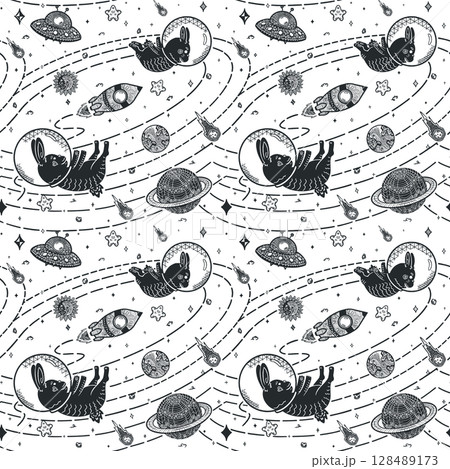 Cute Space Bunny Pattern, Dark Line Art (Transparent PNG) Cute Space Bunny Pattern, Dark Line Art (Transparent PNG) 128489173