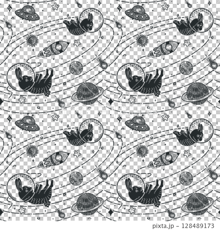 Cute Space Bunny Pattern, Dark Line Art (Transparent PNG) Cute Space Bunny Pattern, Dark Line Art (Transparent PNG) 128489173