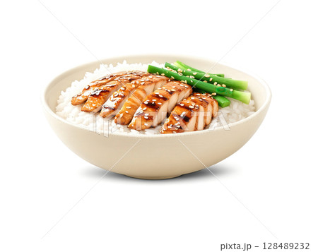 Teriyaki Chicken Bowl Grilled teriyaki chicken glazed with a rich, glossy sauce, served over steamed white rice and garnished 128489232