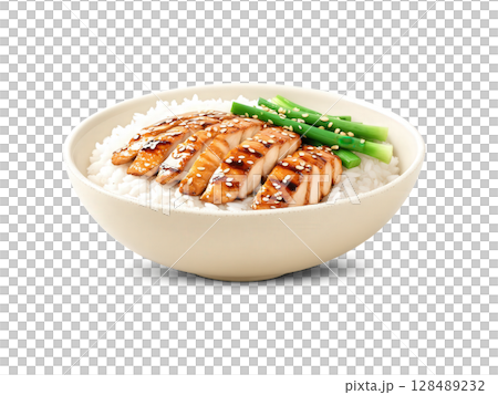 Teriyaki Chicken Bowl Grilled teriyaki chicken glazed with a rich, glossy sauce, served over steamed white rice and garnished Teriyaki Chicken Bowl Grilled teriyaki chicken glazed with a rich, glossy sauce, served over steamed white rice and garnished 128489232