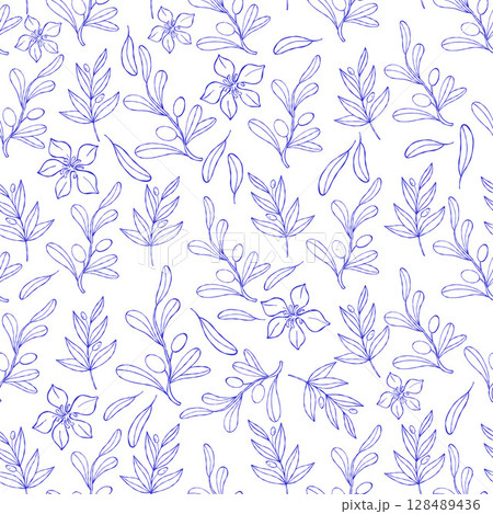 la dolce vita aesthetics. Outline Mediterranean seamless pattern with blue plants, olives and flowers on white background. Vintage minimal backdrop in Hand drawn sketch. Not AI 128489436