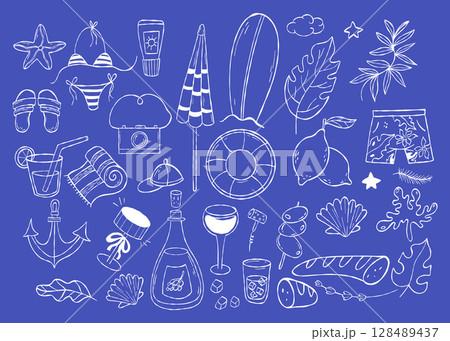 Mediterranean summer beach doodles. la dolce vita aesthetics. Isolated Outline white hand drawing vacation accessories, drinks, food and nautical leisure items on blue. Vector illustration. Not AI 128489437