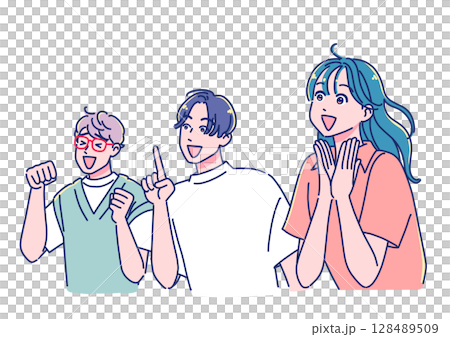 Young men and women in anime style looking up and impressed 128489509