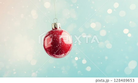 Red Christmas ornament hanging against a snowy blue background. Festive holiday decoration concept 128489653