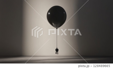Black balloon with keys on a string in spotlight, minimalist concept 128489665