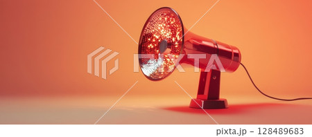 Retro red megaphone with glowing light on orange background. Vintage advertising concept 128489683