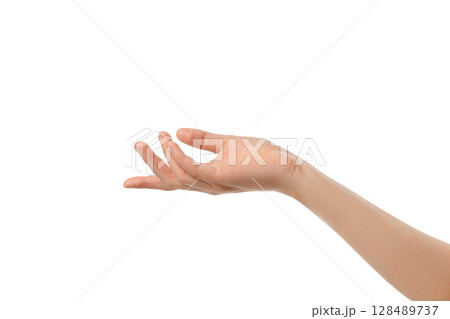 Open hand extends outward in a welcoming manner, on white background 128489737