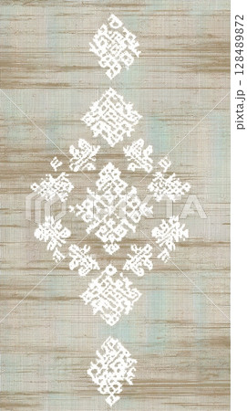 Traditional geometric pattern with white motif on woven texture background 128489872