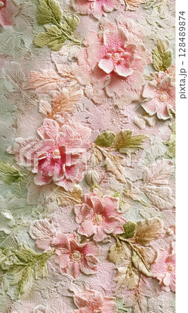 Exquisite pink floral embroidery on textured fabric 128489874