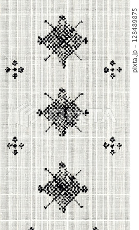 Black geometric patterns on white textured fabric 128489875