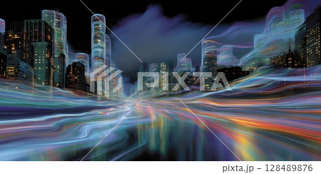 Futuristic urban cityscape with colorful light trails at night 128489876