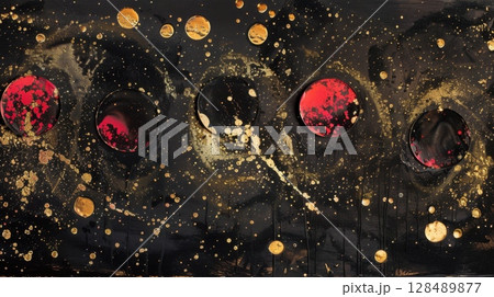 Abstract cosmic art with gold and red spheres on black canvas 128489877