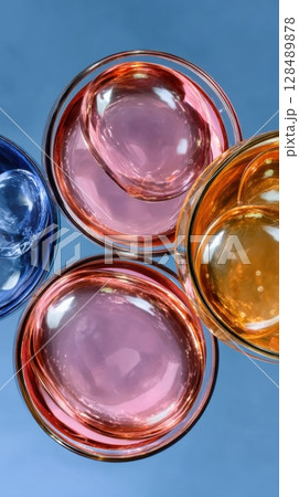Overhead view of colorful glass bowls with reflections on blue background 128489878