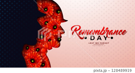 Remembrance Day Banner Design with Red Poppy Flowers in Patriotic Soldier Silhouette and Lest we Forget Typography Lettering on Clean Background. Vector November 11 International Memorial Day to 128489919