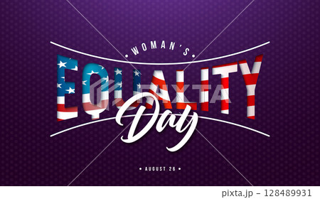 Women's Equality Day Banner Design with American Flag in Typography Lettering on Purple Background. August 26 National Feminine Holiday in United States. USA Celebration Template for Flyer, Greeting 128489931