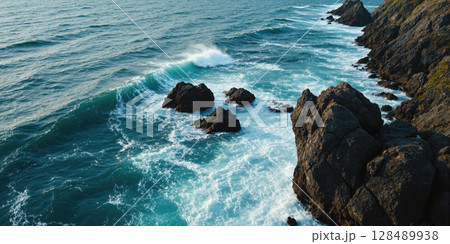 Abstract Ocean Current Aerial perspective of ocean currents creating swirling patterns of different water densities visible through color variations from Abstract Ocean Current Aerial perspective of ocean currents creating swirling patterns of different water densities visible through color variations from 128489938