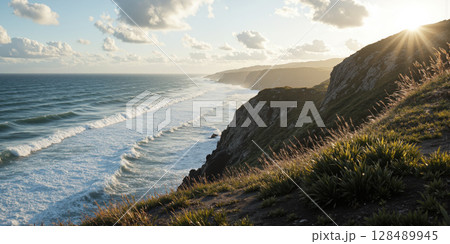 Cliffs Ocean Waves Golden hour light on dramatic ocean waves crashing on rocky cliffs coastline 128489945