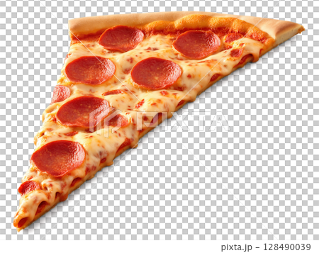 Pepperoni Pizza Slice A slice of pepperoni pizza with crispy crust, gooey cheese, and pepperoni slices curling at the edges. Pepperoni Pizza Slice A slice of pepperoni pizza with crispy crust, gooey cheese, and pepperoni slices curling at the edges. 128490039