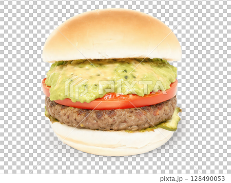 Tex-Mex Burger A beef patty topped with melted pepper jack cheese, spicy salsa, jalapenos, and guacamole, served on a soft 128490053