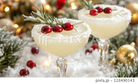 Festive margarita cocktails with cranberries and rosemary on a snowy background Festive margarita cocktails with cranberries and rosemary on a snowy background 128490143