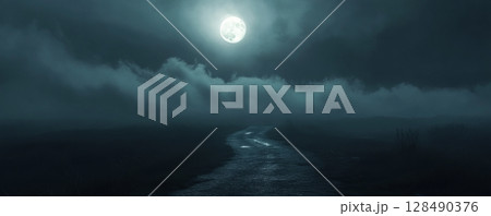 Moonlit path through misty landscape, atmospheric night scene. Mystical nature and tranquility concept 128490376