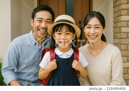 玄関前で笑顔を見せる家族と小学生の娘 128490400