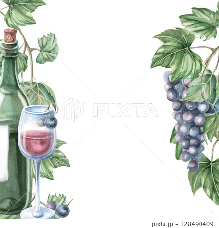 Square frame with a bottle of wine and a glass with grapevine. Isolated watercolor illustration for bottle labels, bar menu design, printed products for Wine Day and Harvest Festival. Square frame with a bottle of wine and a glass with grapevine. Isolated watercolor illustration for bottle labels, bar menu design, printed products for Wine Day and Harvest Festival. 128490409
