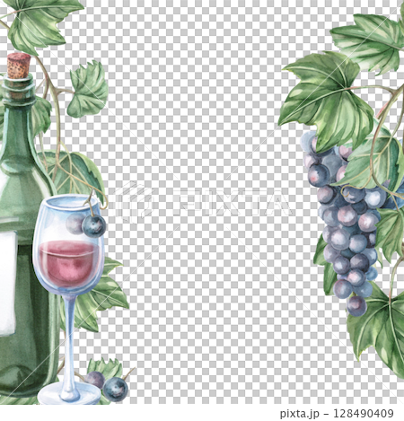 Square frame with a bottle of wine and a glass with grapevine. Isolated watercolor illustration for bottle labels, bar menu design, printed products for Wine Day and Harvest Festival. Square frame with a bottle of wine and a glass with grapevine. Isolated watercolor illustration for bottle labels, bar menu design, printed products for Wine Day and Harvest Festival. 128490409