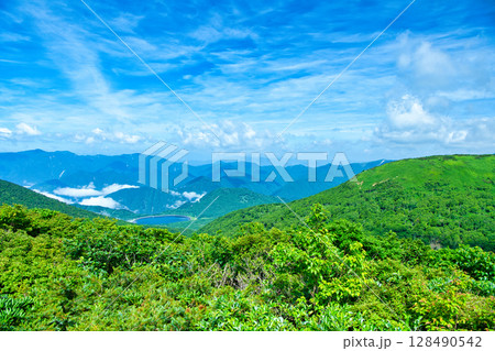 栃木県那須郡那須町　南月山から見る沼原湿原と沼原ダムの風景 128490542