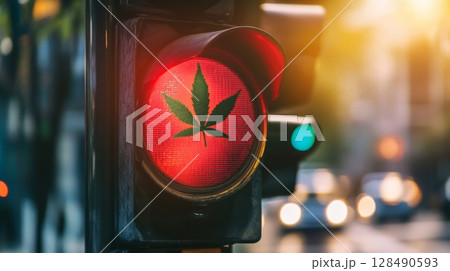 traffic light with cannabis leaf symbol on red, urban setting. Creative concept of legalization and road safety 128490593