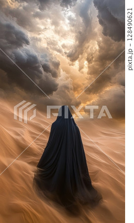 Mysterious figure in desert with dramatic clouds, serene solitude concept 128490621