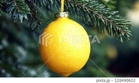 Lemon hanging on a pine branch, festive and creative concept 128490622