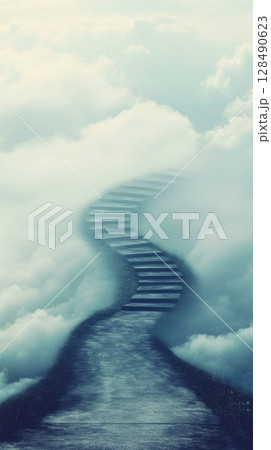 Pathway through clouds ascending to sky, ethereal dreamscape. Hope and aspiration concept 128490623
