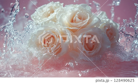 White roses with splashing water on pink background, freshness and elegance concept 128490625