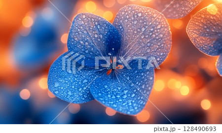 Close-up of blue flower with dewdrops, bokeh background at dusk, nature and tranquility concept 128490693