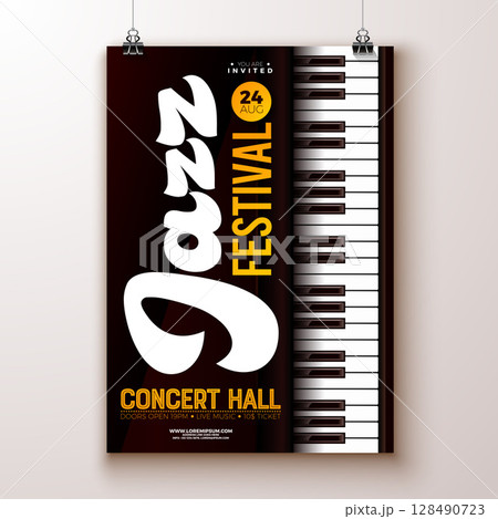 Jazz Festival Event Flyer Design with Piano Keyboard and Typography Lettering on Yellow Background. Vector Musical Season Holiday Poster Illustration Template for Web Banner, Celebration Flyer 128490723