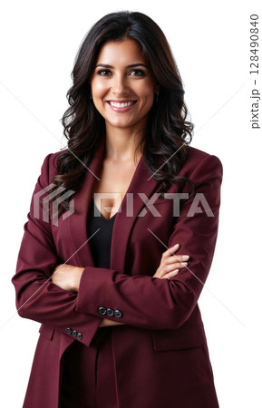 A visionary female entrepreneur in a deep burgundy blazer, standing proudly against a backdrop of evolving business metrics, symbolizing her 128490840