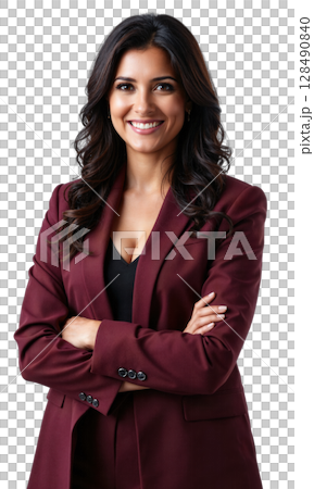 A visionary female entrepreneur in a deep burgundy blazer, standing proudly against a backdrop of evolving business metrics, symbolizing her 128490840