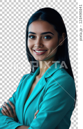 A South Asian female leader in bright teal, arms folded, with digital charts and virtual screens reflecting her growth, symbolizing 128490841