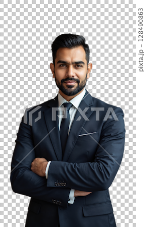 A South Asian businessman dressed in a tailored suit, his focused expression and steady posture conveying leadership, intellect 128490863