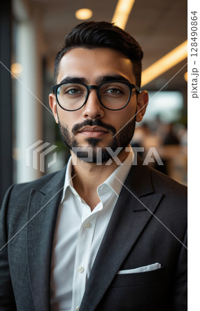 Middle Eastern male with cropped beard, soft waves, and thick-framed glasses, eyes narrowed slightly at ecosystem strategy rings, symbolizing patient 128490864
