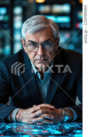 White male CEO with silver hair and round glasses, leaning forward with a firm stare, hands folded on a glowing 128490865