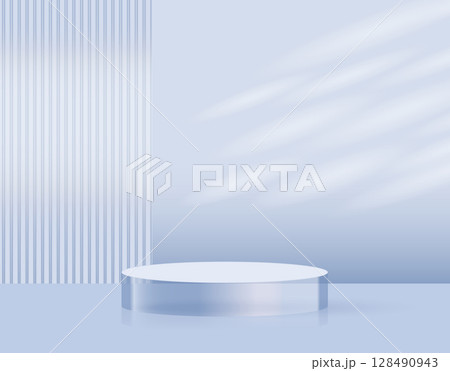 Minimalist light blue cosmetic product mockup scene with a round glass podium and soft natural shadows Minimalist light blue cosmetic product mockup scene with a round glass podium and soft natural shadows 128490943
